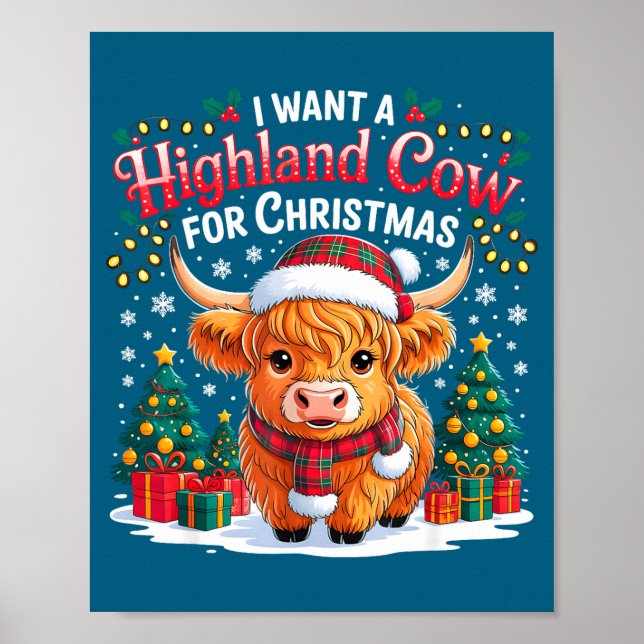 Poster Cute Highland Cow Christmas Funny Santa Lights Hol (Frente)