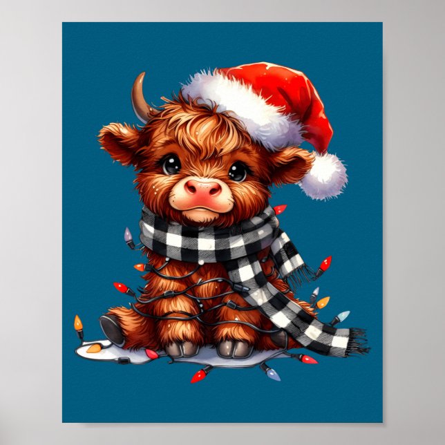 Poster Cute Highland Cow Christmas Lights Santa Hat Winte (Frente)