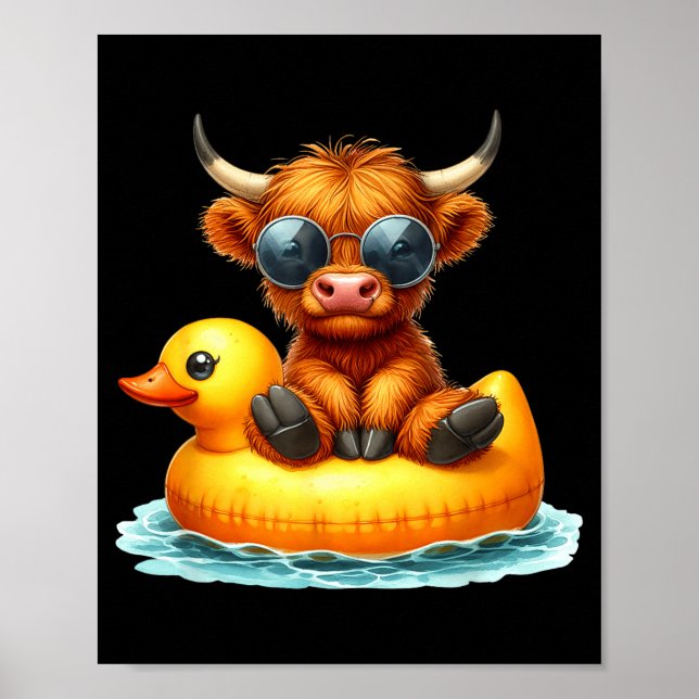 Poster Cute Highland Cow Duck Ol Float Summer Vibes Swimm (Frente)