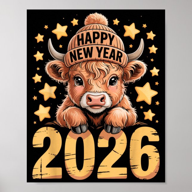 Poster Cute Highland Cow Happy New Year 2026 Tee Funny An (Frente)