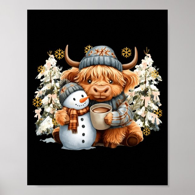 Poster Cute Highland Cow With Snowman Hot Cocoa Christmas (Frente)