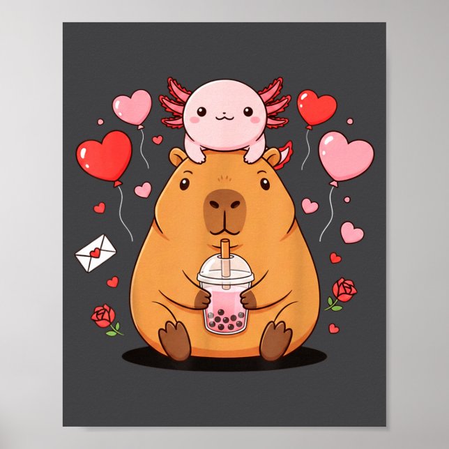Poster Cute Kawaii Axolotl Capybara Bubble Tea Boys Girls (Frente)