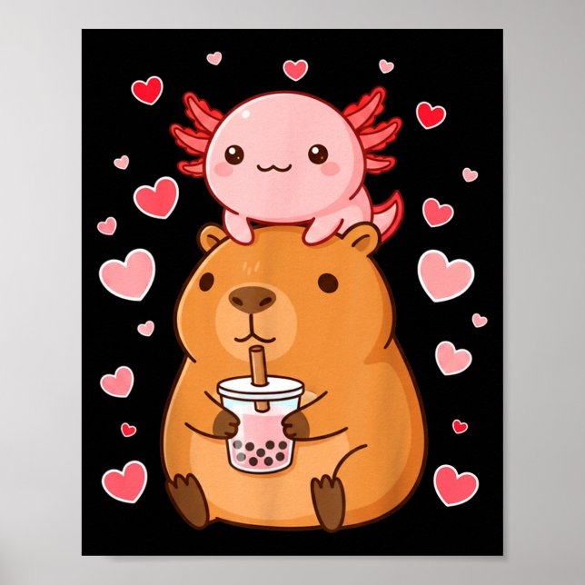 Poster Cute Kawaii Axolotl Capybara Bubble Tea Boys Girls (Frente)