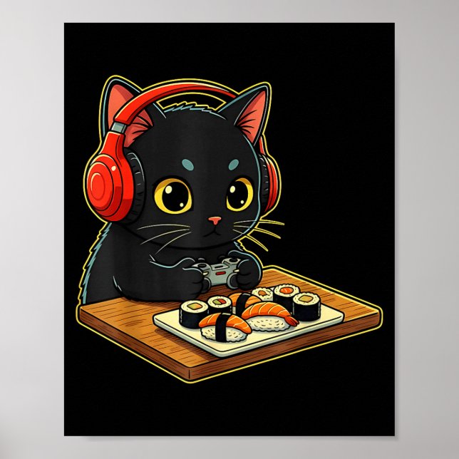 Poster Cute Kawaii Black Cat Funny Sushi Retro Japanese C (Frente)
