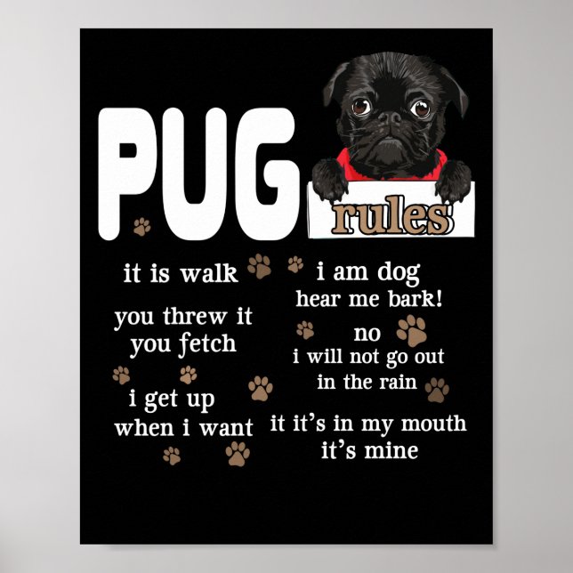 Poster Cute Kawaii Funny Black Pug Dog Rules Gifts (Frente)