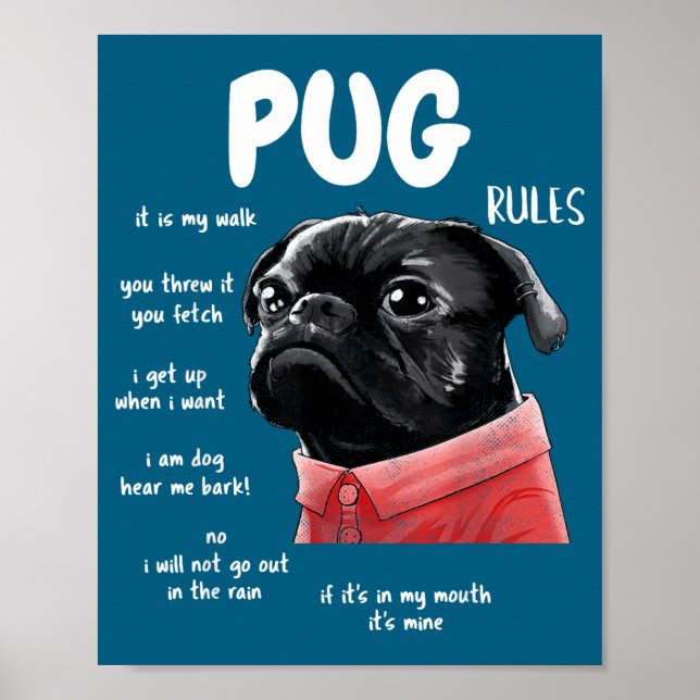 Poster Cute Kawaii Funny Black Pug Dog Rules Men Women Ki (Frente)