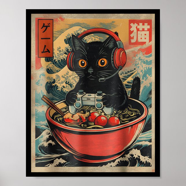 Poster Cute Kawaii Gamer Cat Funny Ramen Retro Japanese C (Frente)