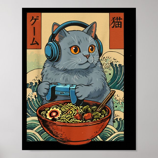 Poster Cute Kawaii Gamer Cat Funny Ramen Retro Japanese C (Frente)