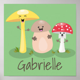 Poster Cute kawaii mushroom fungi toadstool cartoon