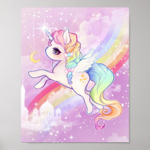 Poster Cute kawaii pastel unicórnio com arco-íris e caste