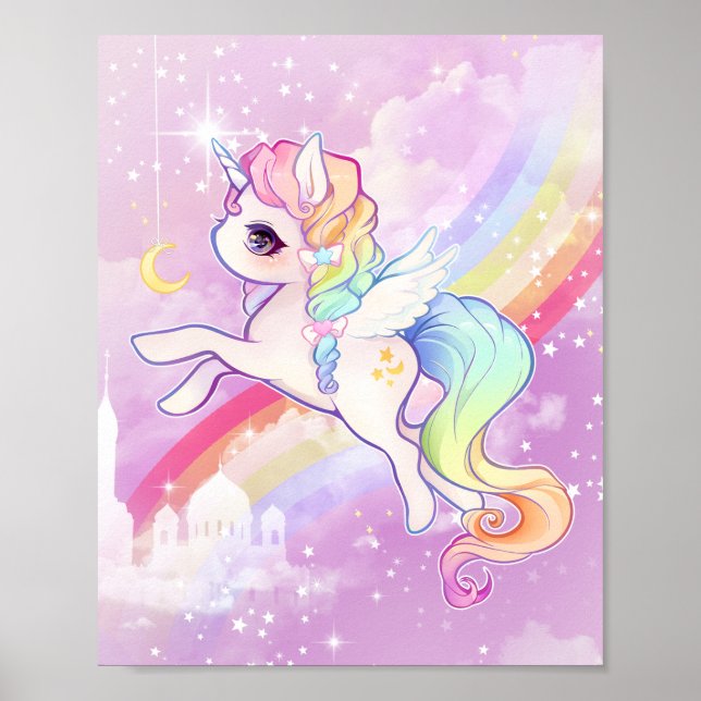 Poster Cute kawaii pastel unicórnio com arco-íris e caste (Frente)