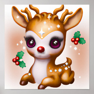 Poster Cute Kawaii Reindeer with Holly and Glitter