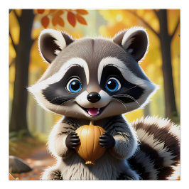 Pôster Cute Kawaii style Racoon segurando uma bolota