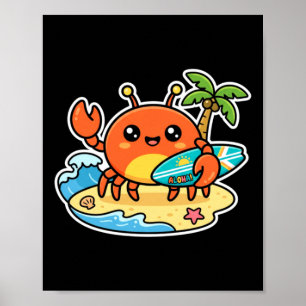 Poster Cute Kawaii Surfing Crab Aloha Praia Verão