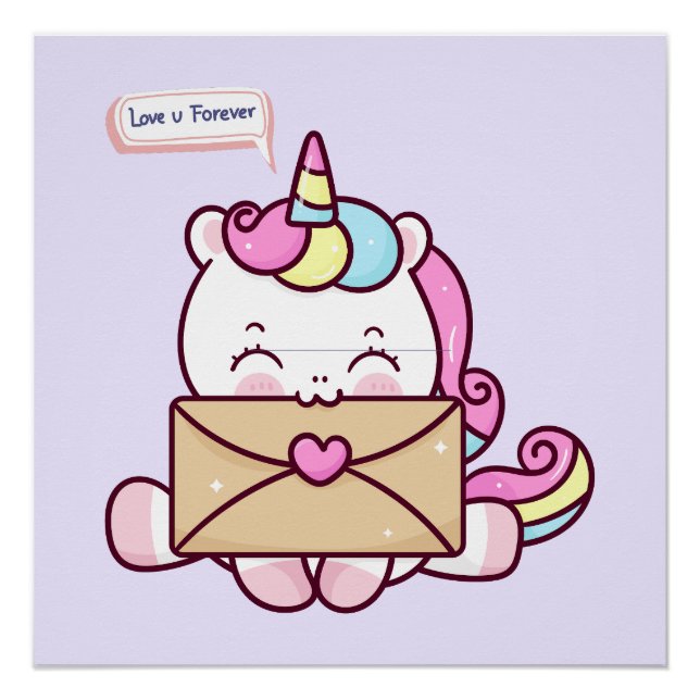 Pôster Cute Kawaii Unicorn Love Illustration (Frente)