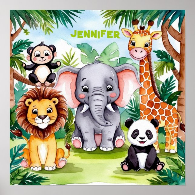 Poster Cute Kids Safari Selva Animal Personalizado Nome (Frente)