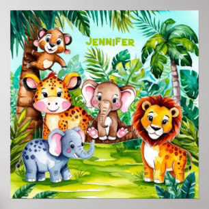 Poster Cute Kids Safari Selva Animal Personalizado Nome