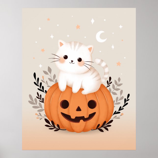 Poster Cute Kitten Sitting On Pumpkin Modern Halloween  (Frente)