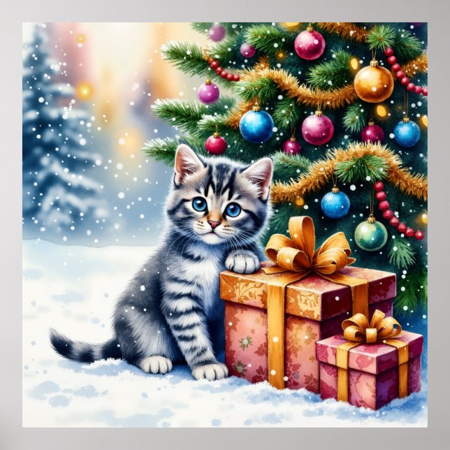 Poster Cute Kitten Under Christmas Tree (Frente)