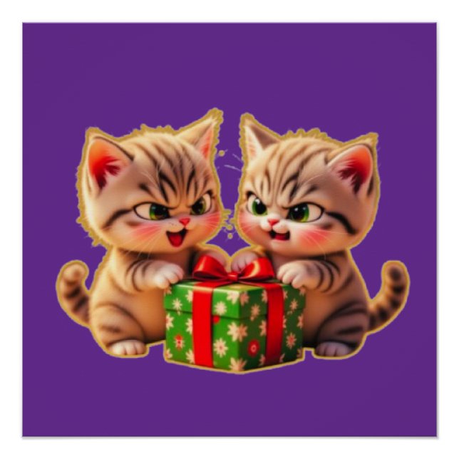 Pôster **Cute Kittens Fighting Over a Gift – Funny Christ (Frente)