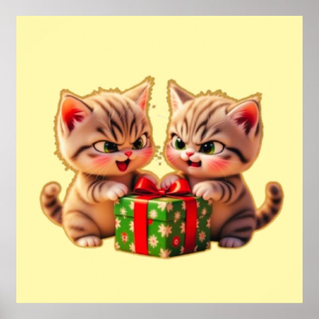 Poster **Cute Kittens Fighting Over a Gift – Funny Christ (Frente)