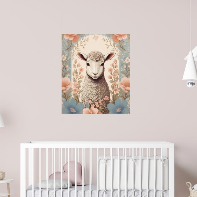 Poster Cute Lamb Delicate Pastel Floral (Berçário 2)