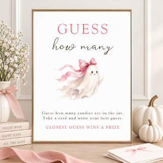 Poster Cute Little Boo Pink Bow Guess How Many Party Sign