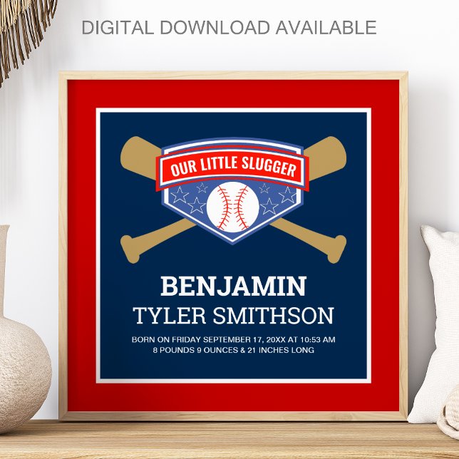 Poster Cute Little Slugger Baseball Baby Birth Stats (Criador carregado)