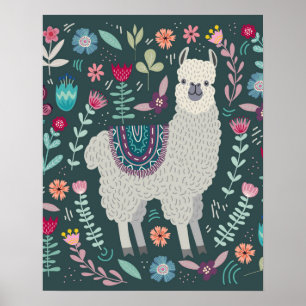 Poster Cute Llama Floral Design
