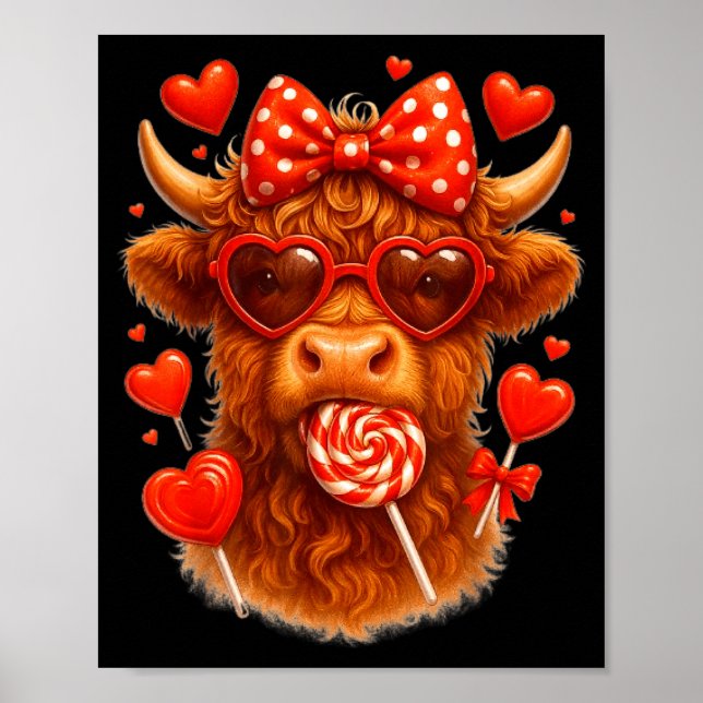 Poster Cute Lollip Highland Cow Valentine's Day Red Heart (Frente)
