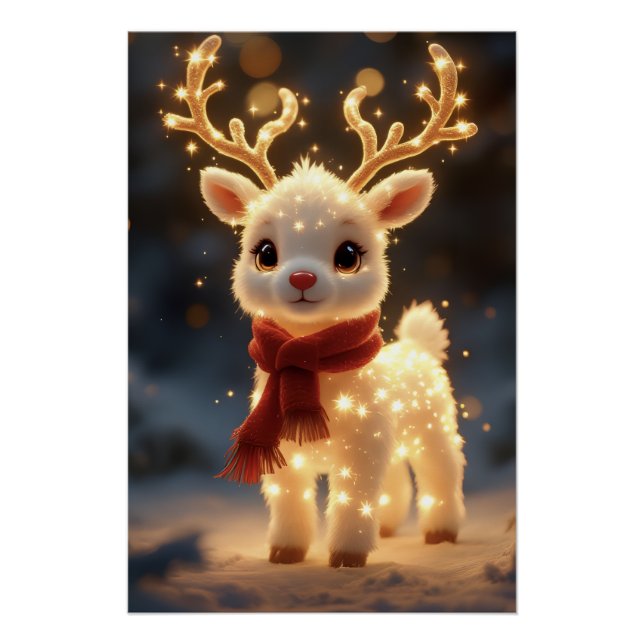 Pôster Cute Magical Reindeer with Sparkling Lights (Frente)