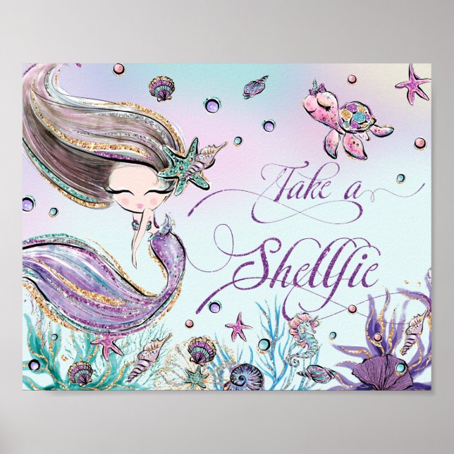 Poster Cute Mermaid Birthday Baby Shower Take a Shellfie (Frente)