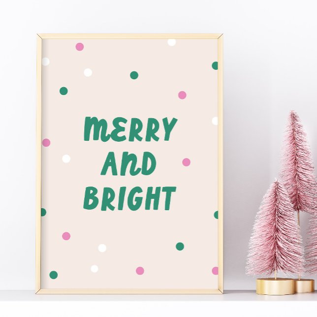 Poster Cute Merry & Bright Pink Confetti Holiday Print (cute Merry & Bright Christmas wall art in green and pink)