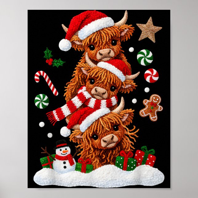 Poster Cute Merry Christmas Highland Cow Christmas Santa  (Frente)