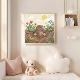 Poster Cute Mole And Flowers Crayon Drawing Kid