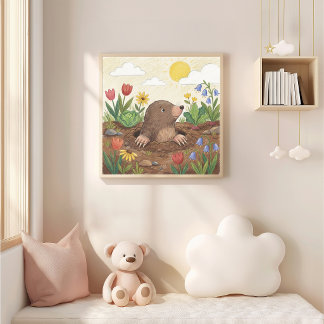 Poster Cute Mole And Flowers Crayon Drawing Kid