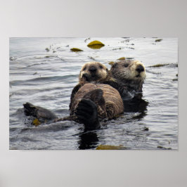 Poster Cute Mom and Pup Sea Otters
