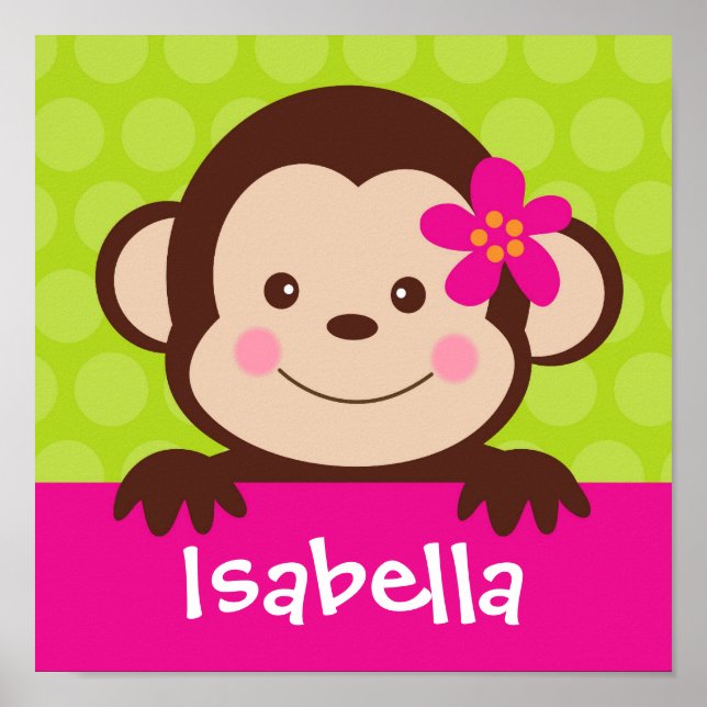Poster Cute  Monkey Personalized Name Art Print girl Kids (Frente)
