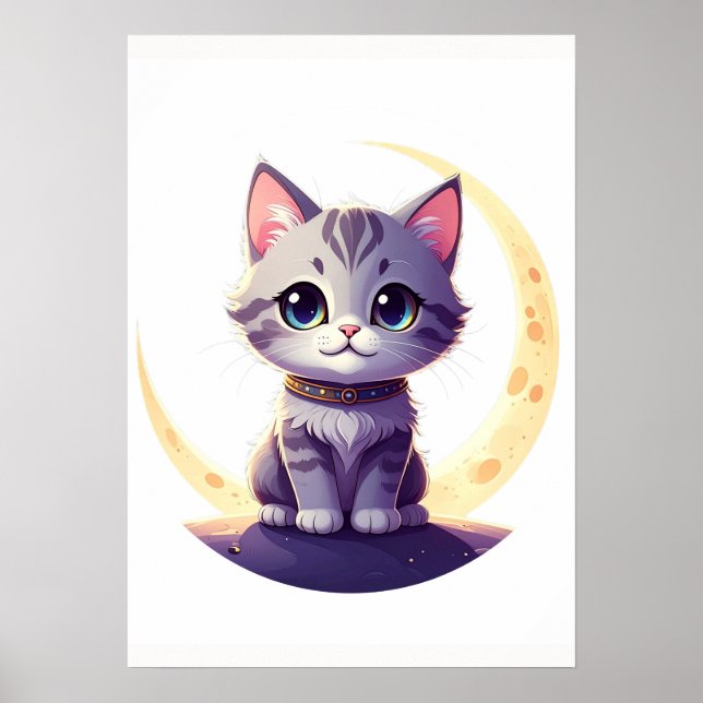 Poster Cute Moon Cat Art Print – Magical Kitten design (Frente)