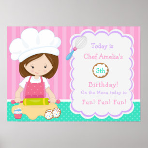 Poster Cute Morena Cabelo Menina Fazendo Bolo de Aniversá