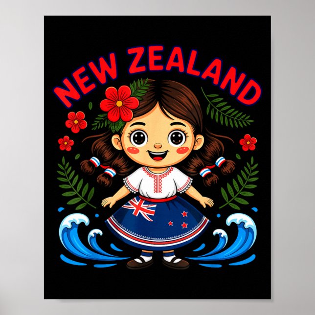 Poster Cute New Zealand Girl With Fern And Waves Dor Kids (Frente)