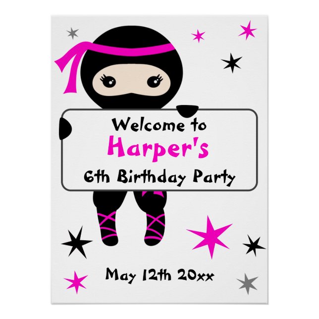 Pôster Cute Ninja Warrior Kids Bday Party - Sinal de boas (Frente)