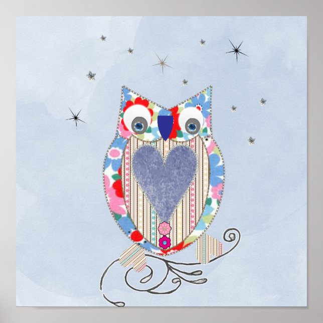 Pôster Cute Owl Nursery Picture Print Cross Stitch look F (Frente)