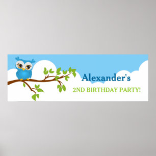 Pôster Cute Owl on Branch Boy Birthday Party Banner