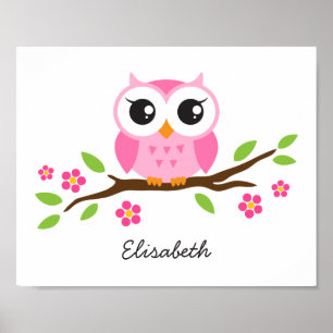 Pôster Cute owl personalized nursery wall art for girls