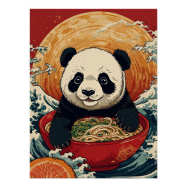 Pôster Cute Panda Eating Ramen in Japanese Ukiyo-e Style