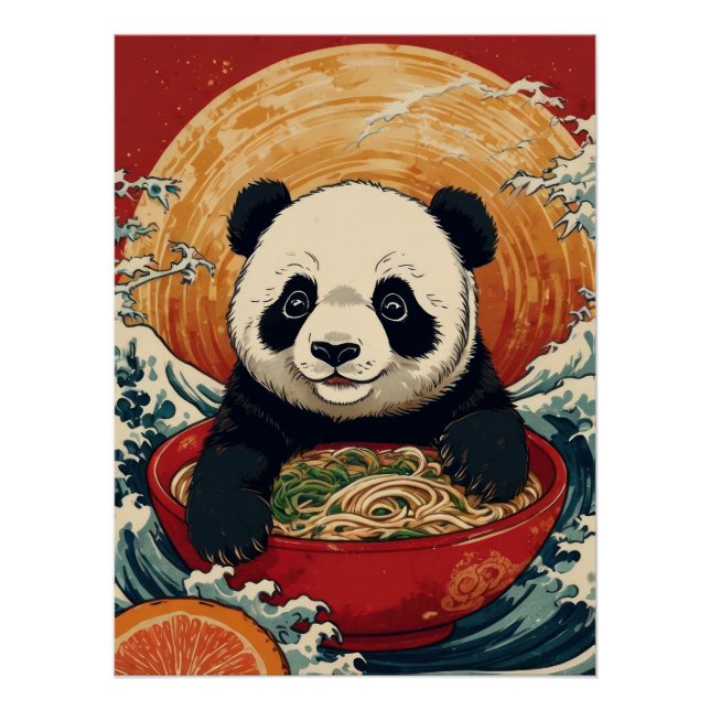 Pôster Cute Panda Eating Ramen in Japanese Ukiyo-e Style  (Frente)
