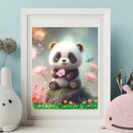 Poster Cute Panda Sitting in Pink Floral Garden Art