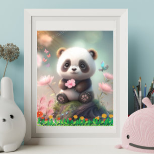 Poster Cute Panda Sitting in Pink Floral Garden Art