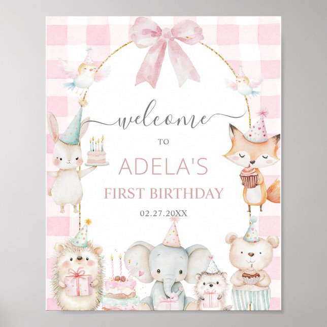 Poster Cute Party Animals Fun To Be One 1st Birthday Pink (Frente)